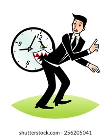 Angry clock bites businessman. Time issue concept. 