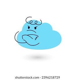 Angry cloud cartoon character with crossed hands. Flat vector mascot illustration isolated on white background. Editable stroke.
