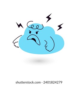 Angry cloud cartoon character with lightning bolts. Flat vector mascot illustration isolated on white background. Editable stroke.