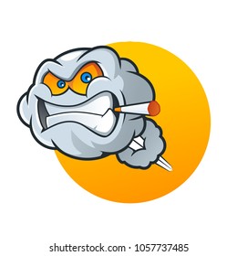 Angry cloud cartoon character smoking a cigarette