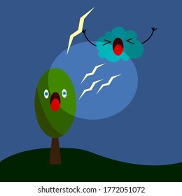 angry cloud cartoon character throws lightning into a frightened tree concept of danger and bad weather
