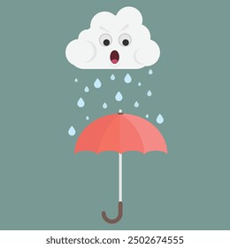 Angry cloud with face raining on red umbrella. Emotional storms concept. Protection and preparedness during rainy weather. Vector illustration in flat style, EPS10