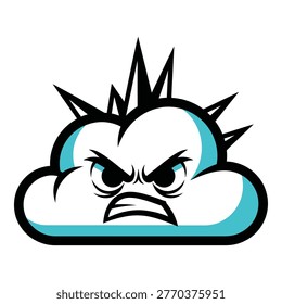Angry cloud face with spiky hair and blue accents on white icon
