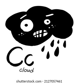 Angry cloud. Handwritten uppercase and lowercase letters Cc. Black and white vector illustration. Cute character in cartoon style. English alphabet.
