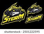 angry cloud holding lightning mascot logo