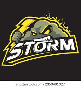  angry cloud holding lightning mascot logo