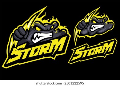 angry cloud holding lightning mascot logo