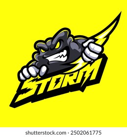 angry cloud holding lightning mascot logo