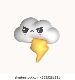 Angry Cloud with lightning. Kawaii weather icon with face expression. Colorful funny character. Plasticine, clay cartoon 3D style. Hand drawn modern Vector illustration. Isolated design element