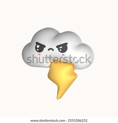 Angry Cloud with lightning. Kawaii weather icon with face expression. Colorful funny character. Plasticine, clay cartoon 3D style. Hand drawn modern Vector illustration. Isolated design element