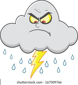 Angry Cloud With Lightning And Rain. Vector Illustration Isolated on white