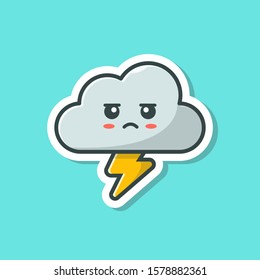 Angry Cloud And Thunder Mascot Vector Icon Illustration. Kawaii Cloud Sticker, Weather Icon Concept White Isolated. Flat Cartoon Style Suitable for Web Landing Page, Banner, Sticker, Background