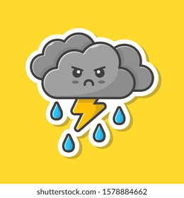 Angry Cloud And Thunder Mascot Vector Icon Illustration. Kawaii Cloud Sticker, Weather Icon Concept White Isolated. Flat Cartoon Style Suitable for Web Landing Page, Banner, Sticker, Background