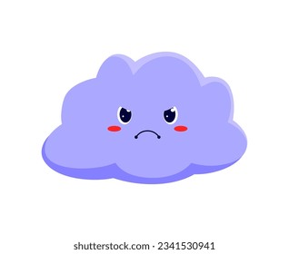 Angry cloud weather forecast cartoon character. Vector rainy weather emoticon, cute personage of sky, angry quirky emoji of cloud