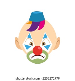 Angry clown wearing hat vector illustration. Facial expression of cartoon character with eye and mouth makeup isolated on white background. Emotions, circus concept