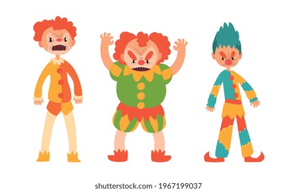 Angry Clowns Set, Jester and Joker Characters in Colorful Costumes Cartoon Vector Illustration