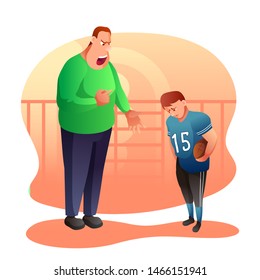 Angry Coach Yell At Kid Flat Vector Illustration. Father Shouting At Upset Son Cartoon Characters. Trainer Scolding League Player. Family Conflict Between Child And Parent Isolated Clipart