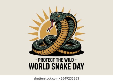 Angry cobra with rising sun background for world snake day badge celebrating reptile awareness july 16