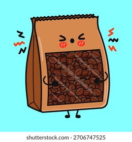 Angry coffee bean bag character expressing stress