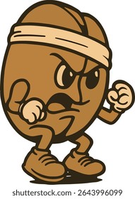Angry Coffee Bean Mascot with Headband in Fighter Pose