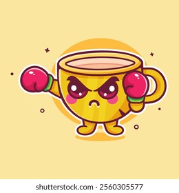 angry coffee cup character mascot playing boxing sport isolated cartoon