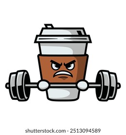 Angry coffee cup lifting weights cartoon illustration