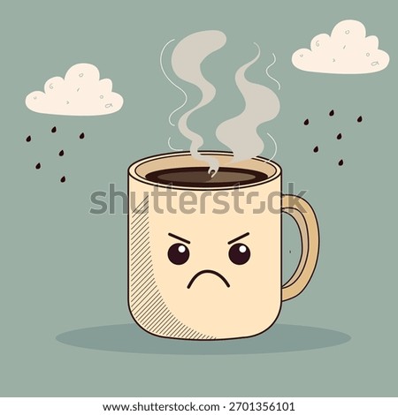 Angry coffee mug with a face and steam, cartoon illustration on a teal background