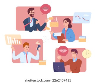 Compañeros furiosos discutiendo durante una videoconferencia. Furiosos compañeros de trabajo colaborando en el proyecto de ilustración vectorial plana. Trabajo en equipo, conflicto, comunicación, concepto de trabajo remoto para banner, diseño de sitio web