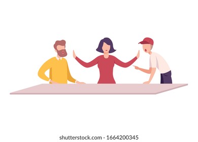 Angry Colleagues Arguing and Shouting, Stressful Working Environment Flat Vector Illustration