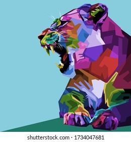 angry colorful lion on pop art style