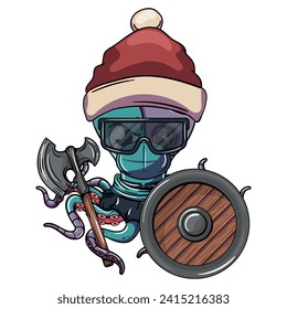 Angry comic cartoon cyborg octopus at Christmas with Santa Claus hat, glasses, mask with a war ax and shield on his robotic tentacle. Illustration for fantasy, science fiction and adventure comics