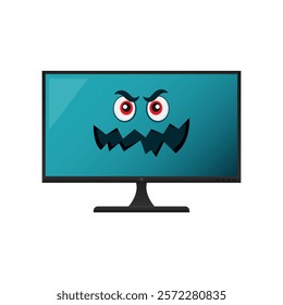 Angry computer virus on monitor screen. Vector illustration of a computer monitor displaying a virus face on its screen