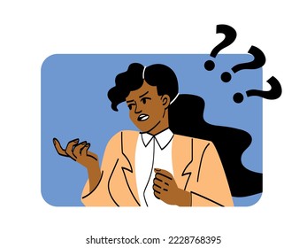 Angry conflicting person. Aggressive female politician arguing or fighting with opponent and defending her position. Debate or disagreement in society. Cartoon flat vector illustration in doodle style