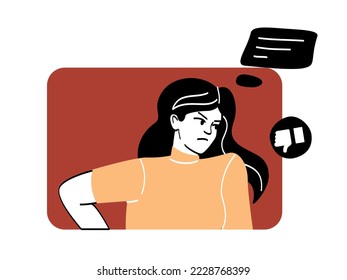 Angry conflicting person. Aggressive female manager or entrepreneur swears with employees or quarrels with colleagues. Negative emotions and misunderstanding. Cartoon flat vector illustration