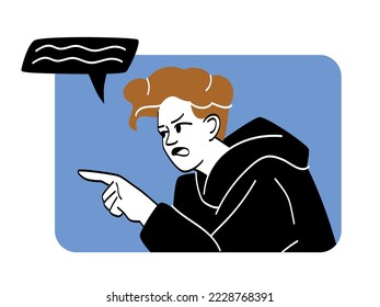 Angry conflicting person. Aggressive man with speech bubble points finger at opponent and screams. Quarrel or dispute. Expression of negative emotions. Cartoon flat vector illustration in doodle style