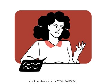 Angry conflicting person. Aggressive woman defends her opinion and argues with someone. Character confronts his opponent. Differences in relationship. Cartoon flat vector illustration in doodle style