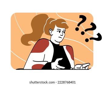 Angry conflicting person. Confused woman asks questions to opponent and defends her opinion. Misunderstanding and disagreement in relationship. Cartoon flat vector illustration in doodle style