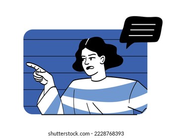 Angry conflicting person. Young aggressive teenager arguing with friends, insulting opponents and pointing finger at rival. Quarrel or dispute. Cartoon flat vector illustration in doodle style