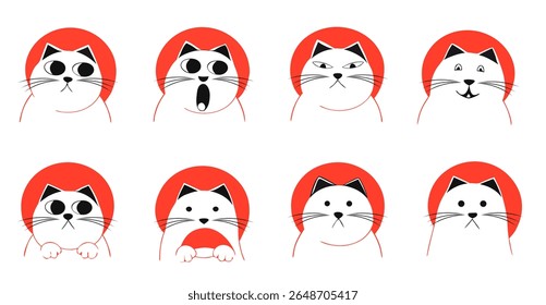 Angry and confused cats in red hoodie with expressive cartoon faces, isolated vector character set, Vector Illustration

