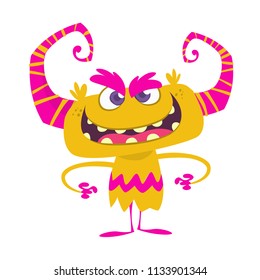 Angry cool cartoon monster with red horns. Vector illustration of funny troll or gremlin or  little monster