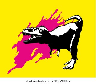 Angry cool dinosaur. Tyrannosaurus Rex with open mouth decorative on yellow background pink splashes.