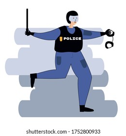 policía enfadado con un bastón. dibujo de ilustración vectorial en estilo plano. Ilustración aislada en fondo blanco. Policía corriendo en chaleco antibalas.