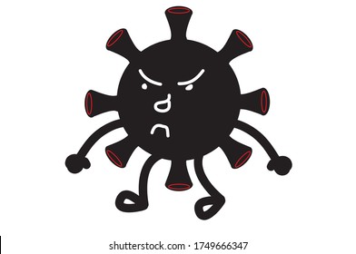 Angry Corona virus with face, hands and legs in cute cartoon kawaii style. Black color.