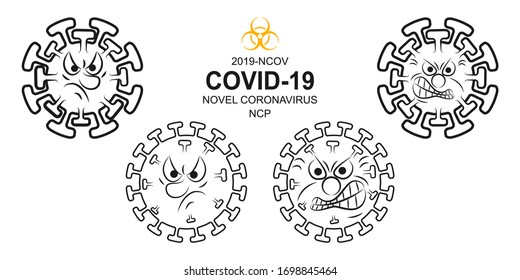 Angry Coronavirus 2019-nCoV. Set of Corona virus icon. Black sketch isolated on white background. Pathogen respiratory infection. Influenza pandemic. Virion of Corona-virus. Vector Illustration.