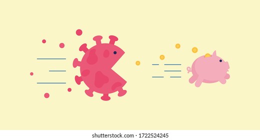 Angry coronavirus cell chase after piggy bank losing money trying to eat it. Corona virus economy crush, financial crisis, people have no money concept. Money pig runs from virus vector illustration.