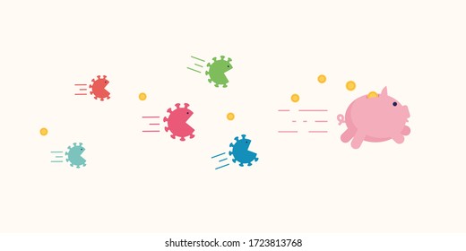 Angry Coronavirus Cells Chase After Piggy Bank Trying To Brake And Eat It. Corona Virus Economy Crush And Financial Crisis Concept.Money Pig Runs From Virus. Vector Illustration.