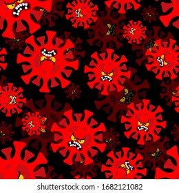 Angry Coronavirus pattern seamless. Evil virus background. Global epidemic disease 2019-nCoV ornament virus. Pandemic concept texture