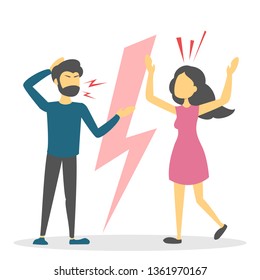 Angry couple argue. Wife and husband shouting and fight. Dispute between girlfriend and boyfriend. Stress, problem in relationship. Disagreement.
