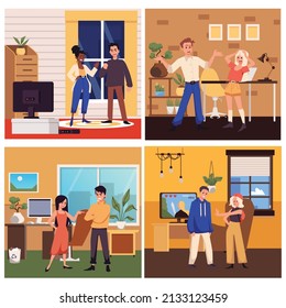Angry couple arguing about problems or conflicts at home, flat vector illustration. Set of scenes with woman and man family shouting during conversation. Concept of toxic and abusive relationships.