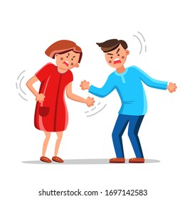 Pareja Enfadada Discutiendo, Gritando Y Culpando Al Vector. Personajes, Hombre Y Mujer, Esposo Y Pareja Esposa Gritando, Infeliz Pelea Familiar Joven. Ilustración De Dibujo Plano De Relación Con Muchachos Y Niñas